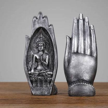 Silver-toned resin buddha hands monk figurine with intricate engravings and beaded wristband for living room decorbites decor
