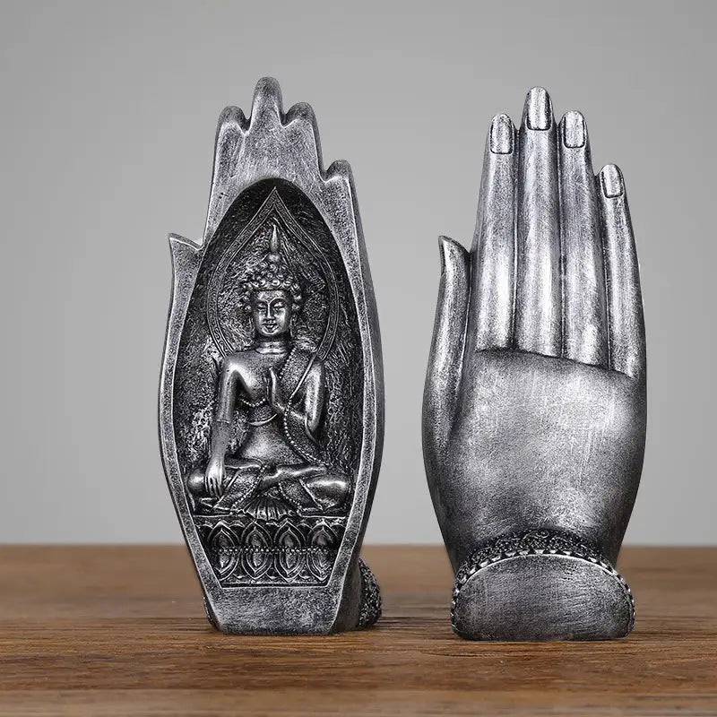 Silver-toned resin buddha hands monk figurine with intricate engravings and beaded wristband for living room decorbites decor