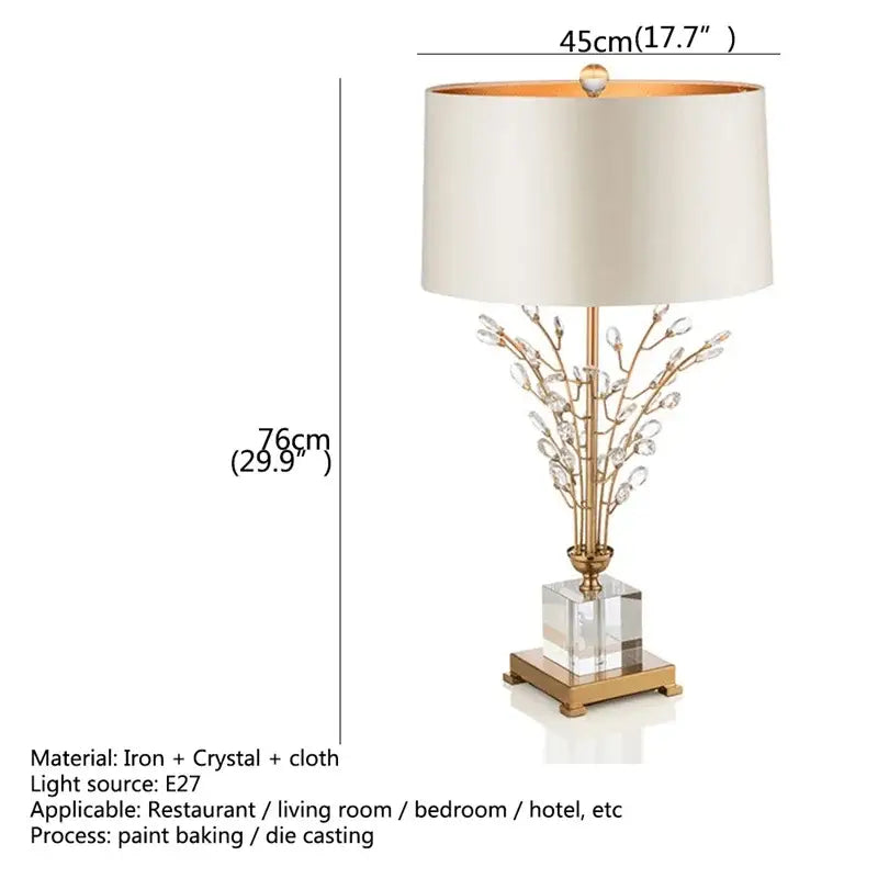 Elegant gold and silver crystal branch led desk lamp with cream fabric shade and clear acrylic base for bedroom decorbites crystal branch