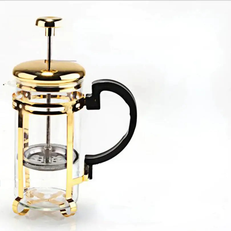 Gold-finished french press with black handle and glass body featured in decorbites drip kettle and drip kettle pot set