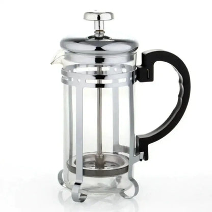 A gold and silver french press with a black handle and chrome metal frame, ideal for decorbites drip kettle pot use
