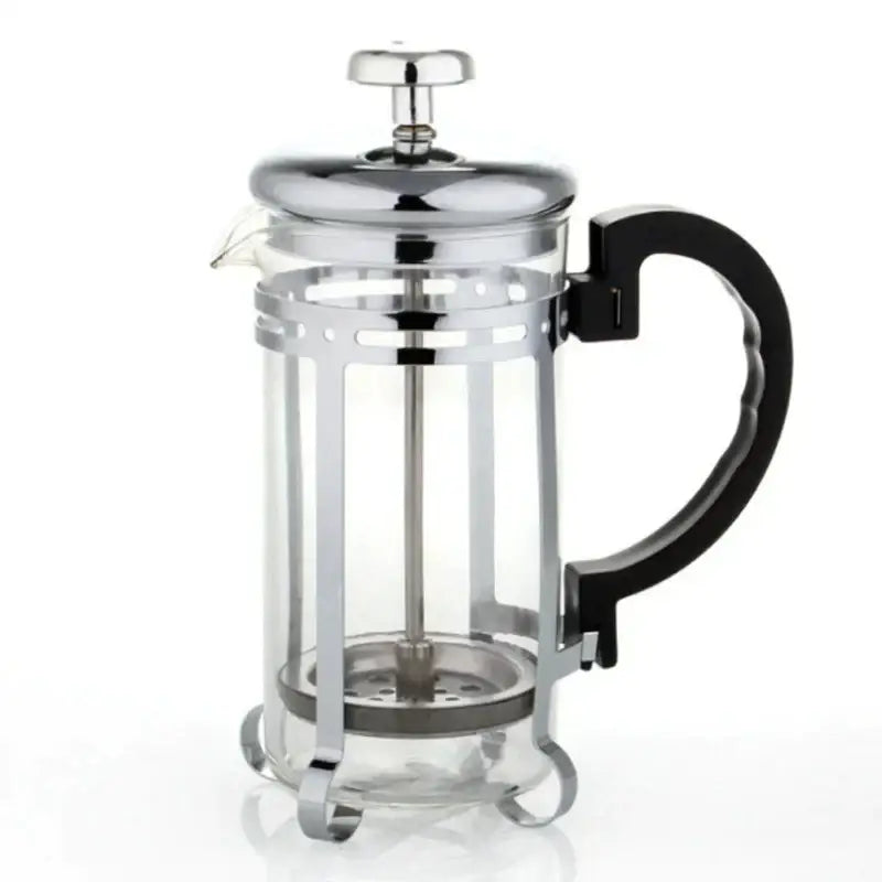 A gold and silver french press with a black handle and chrome metal frame, ideal for decorbites drip kettle pot use