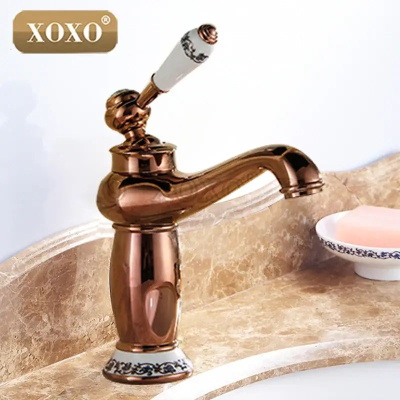 Gold and white ceramic decorbites bathroom basin deck mounted mixer faucet with brass finish and black floral handle