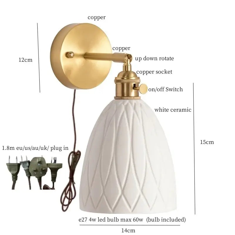 White ceramic led wall sconce with textured diamond pattern brass copper accents and adjustable arm for bedroom decorbites ceramic led