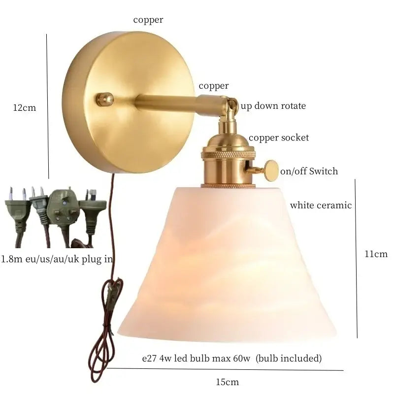 Antique brass-finished gold and white ceramic led wall sconce with pull chain for bedroom decorbites ceramic led wall