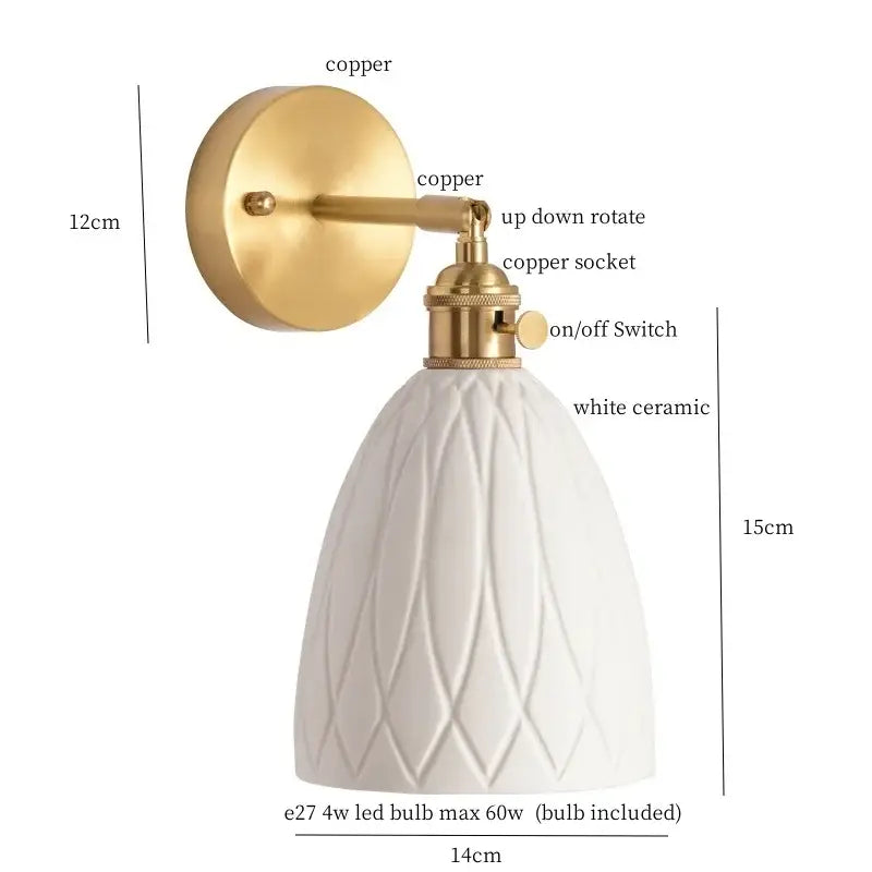 White ceramic led wall sconce with textured diamond pattern copper hardware and adjustable arm for bedroom decorbites ceramic led wall