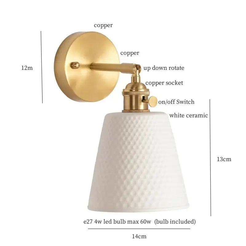 Gold and white ceramic led wall sconce with brass finish and textured diamond-patterned shade for bedroom decorbites ceramic led wall