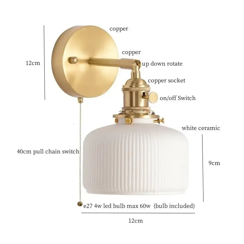 Gold and white ceramic led wall sconce with brass-finished copper arm and ribbed ceramic shade by decorbites ceramic led