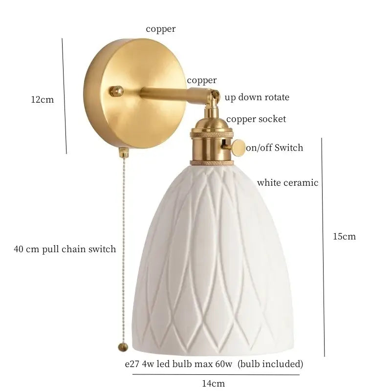 White ceramic led wall sconce with gold copper finish pull chain switch for bedroom decorbites ceramic led lighting