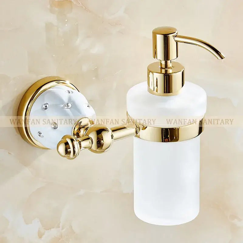 Gold-finished wall-mounted soap dispenser with frosted white glass and crystal base in bath hardware set bathroom accessories