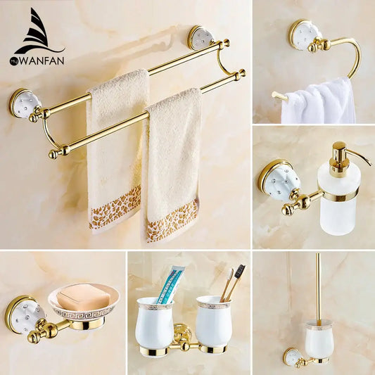 Gold and white crystal bath hardware set with gold finish white ceramic components and decorative crystal accents