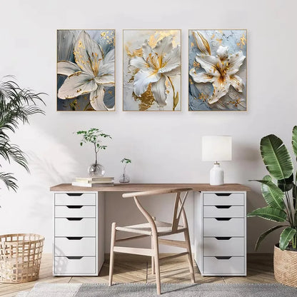 Gold and White Floral 3D Canvas Wall Art