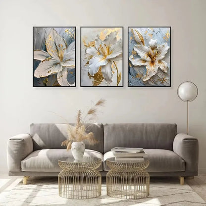 Gold and White Floral 3D Canvas Wall Art