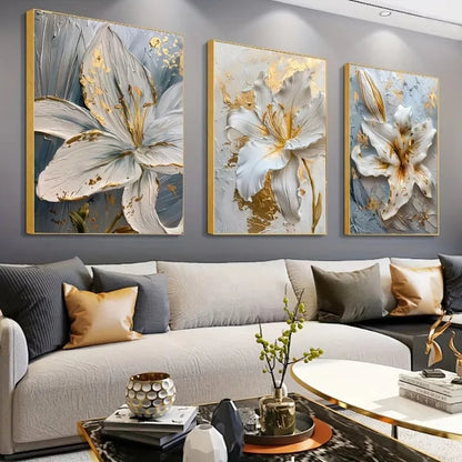 Gold and White Floral 3D Canvas Wall Art