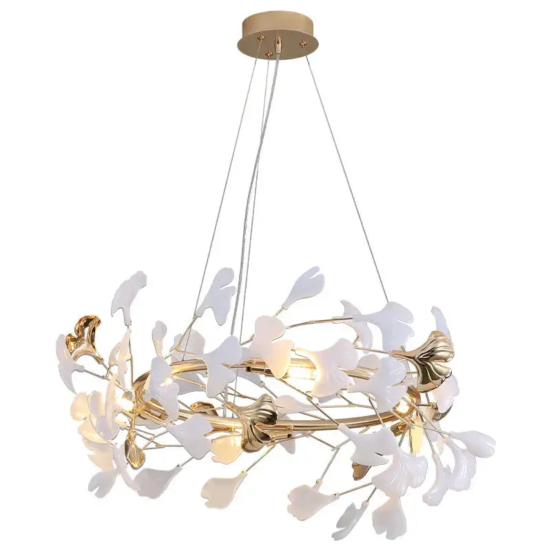 Delicate white and gold decorbites ginkgo ceramic chandelier with ginkgo leaf-shaped glass elements for dining room light