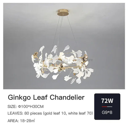 Elegant white and gold decorbites ginkgo ceramic chandelier with 80 leaves ideal as dining room light fixture