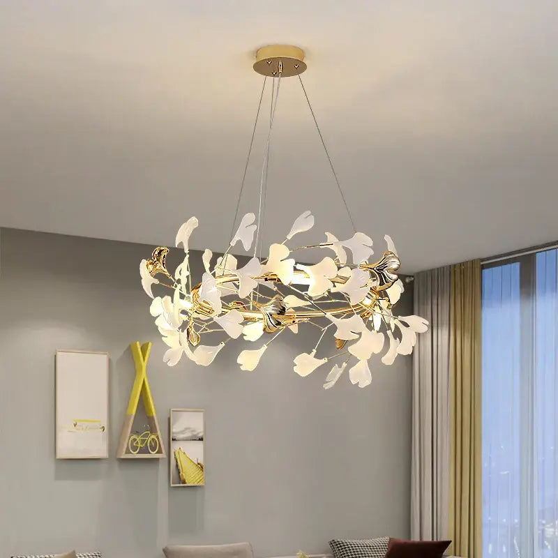 Elegant gold and white decorbites ginkgo ceramic chandelier with leaf-shaped shades for dining room lighting