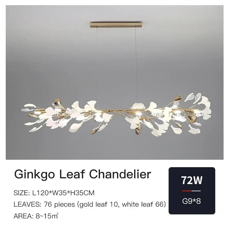 Modern decorbites ginkgo ceramic chandelier with 76 gold and white leaves suspended from a wooden bar for dining room light