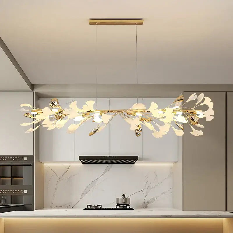 Gold and white ginkgo ceramic chandelier with gold-toned leaf pendant light and translucent white petals for dining room decorbites ginkgo ceramic