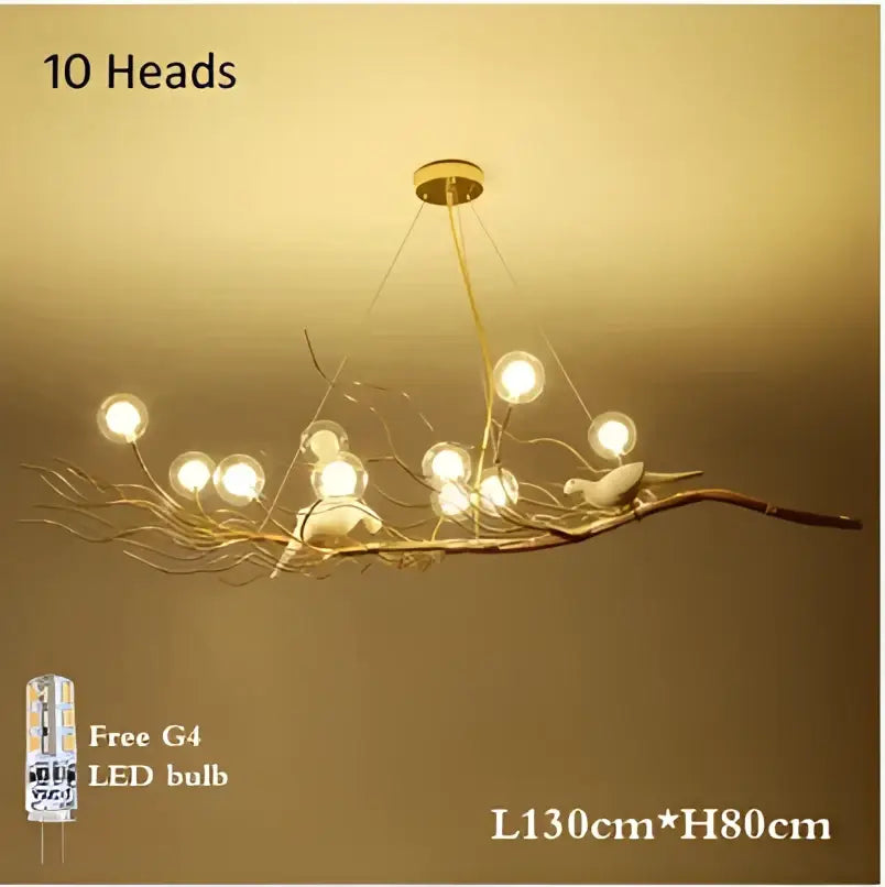 Gold and white iron branch led pendant chandelier with ten glowing bulbs and bird figurines for dining room use