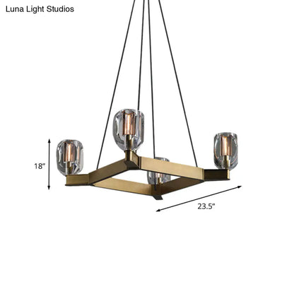 Lámpara colgante cuadrada dorada envejecida con 4 bombillas y diseño de flor de cristal