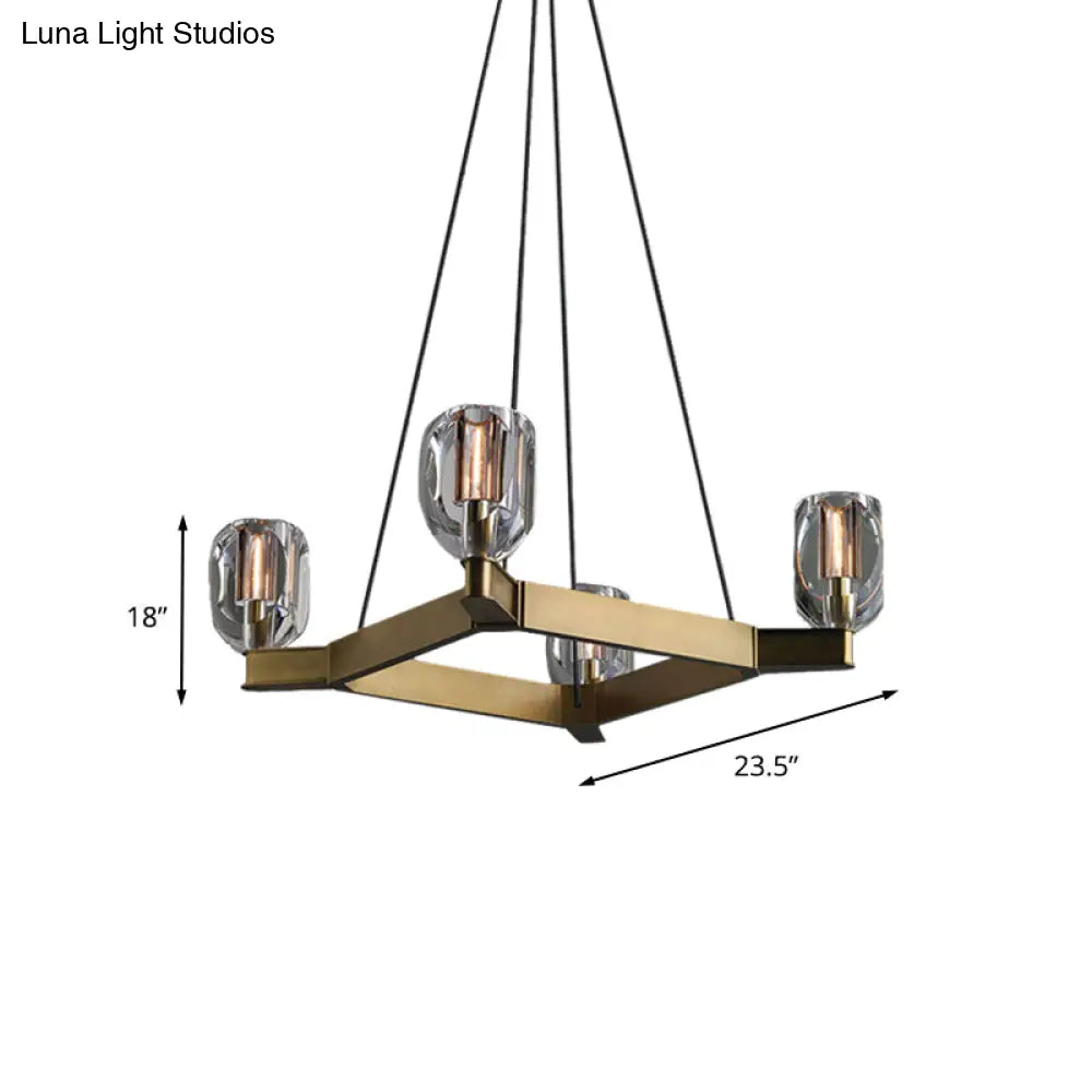 Lámpara colgante cuadrada dorada envejecida con 4 bombillas y diseño de flor de cristal