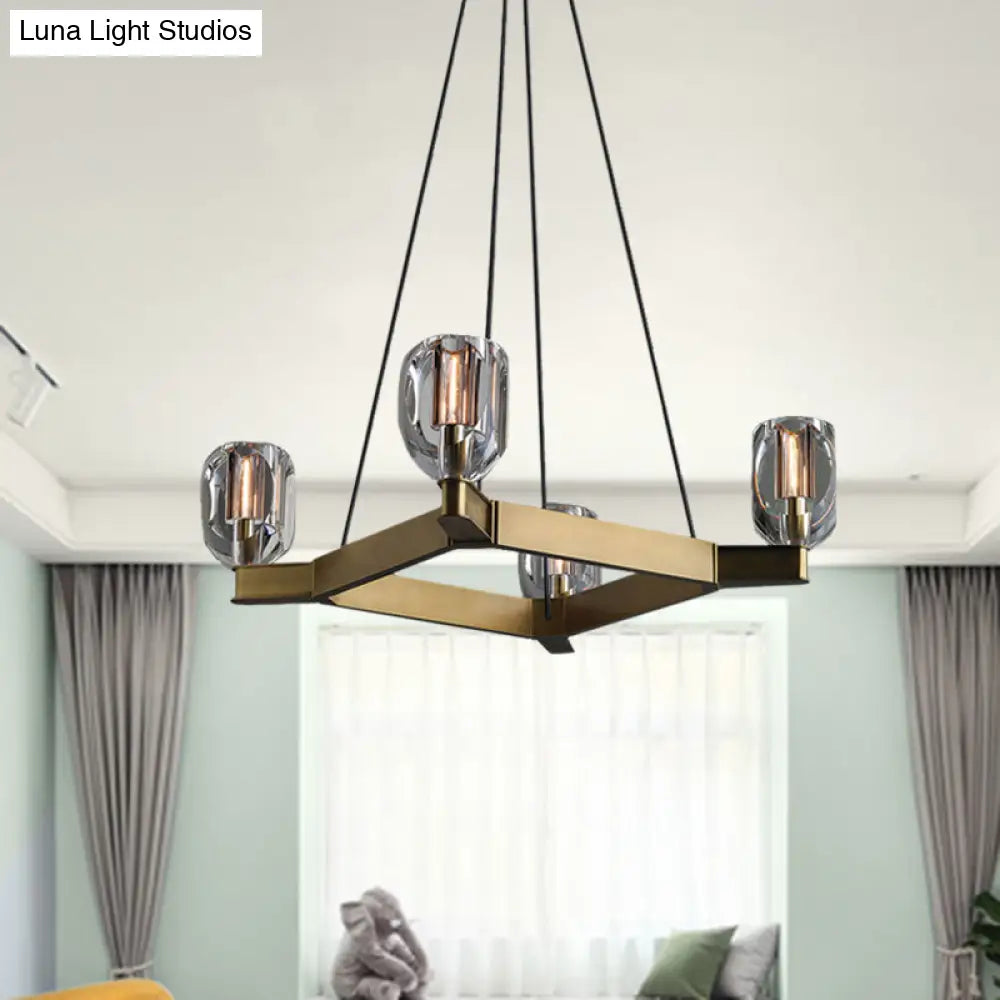 Lámpara colgante cuadrada dorada envejecida con 4 bombillas y diseño de flor de cristal