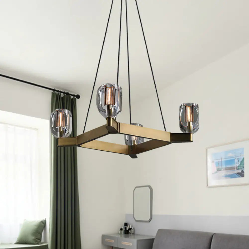 Lámpara colgante cuadrada dorada envejecida con 4 bombillas y diseño de flor de cristal