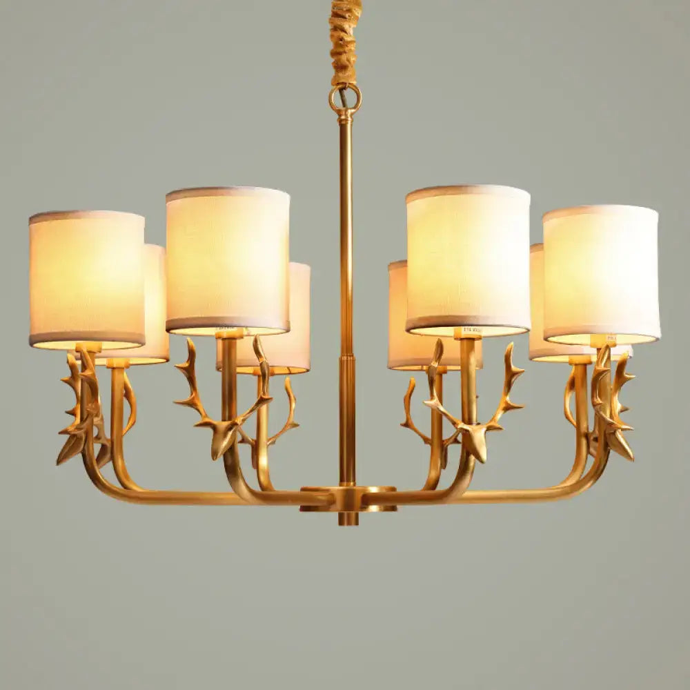 Gold antler fabric shade cylindrical chandelier with six cream fabric shades and metal arms for living room LED lighting