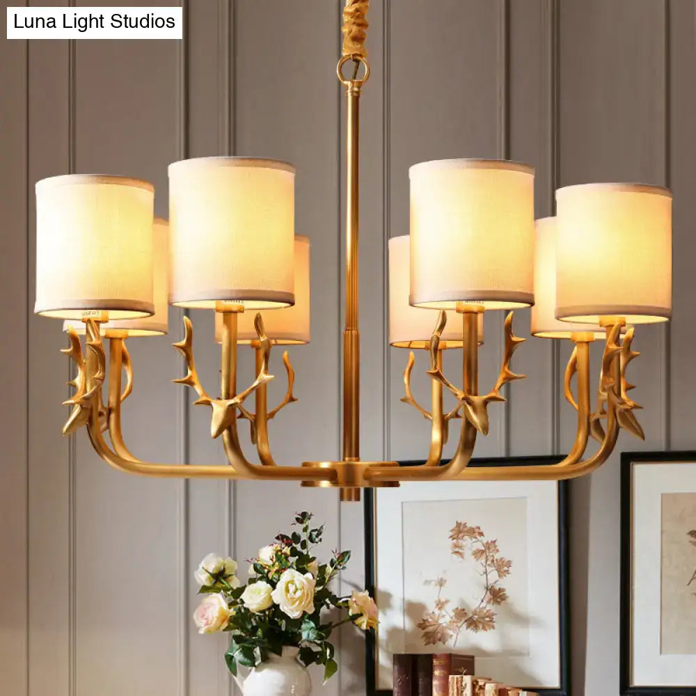 Antique brass gold antler fabric shade cylindrical chandelier with six cream fabric shades for living room lighting