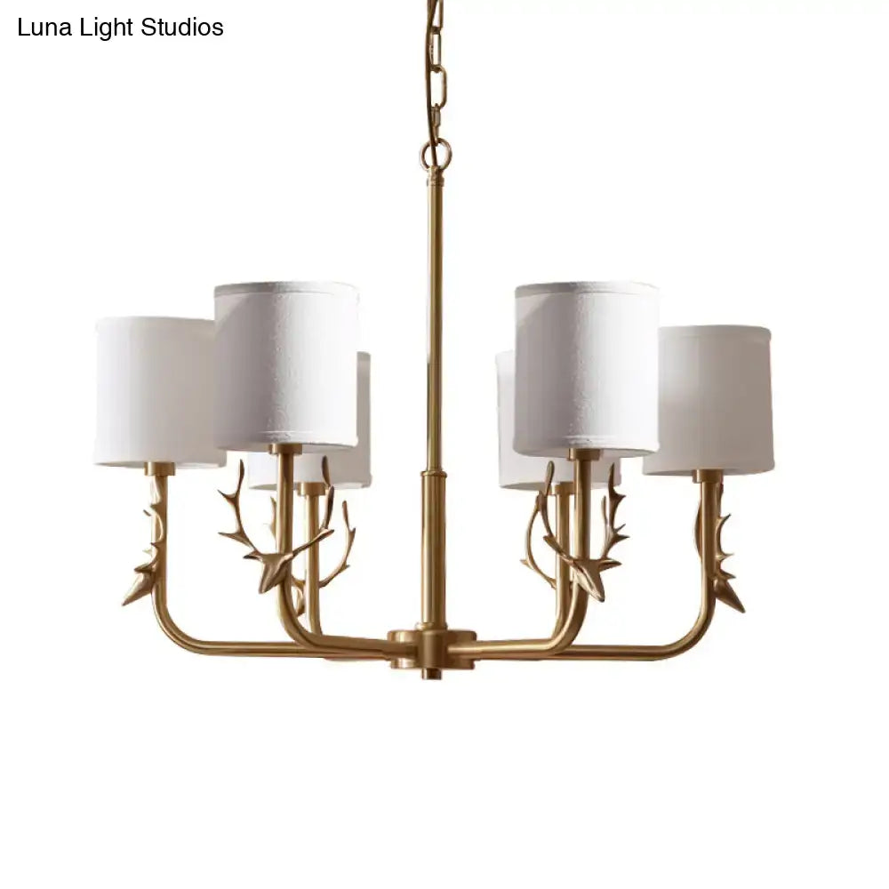 Gold antler fabric shade cylindrical chandelier with gold-toned arms and white fabric shade for living room lighting
