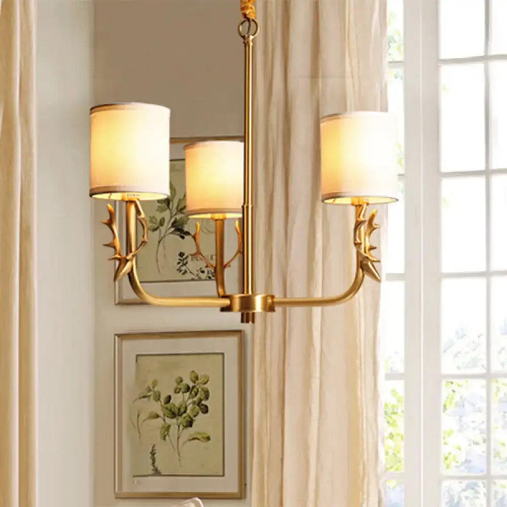 Gold antler fabric shade cylindrical chandelier with cream fabric shade and metal arms for living room led incandescent fluorescent lighting