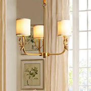 Gold antler fabric shade cylindrical chandelier with cream fabric shade and metal arms for living room led incandescent fluorescent lighting