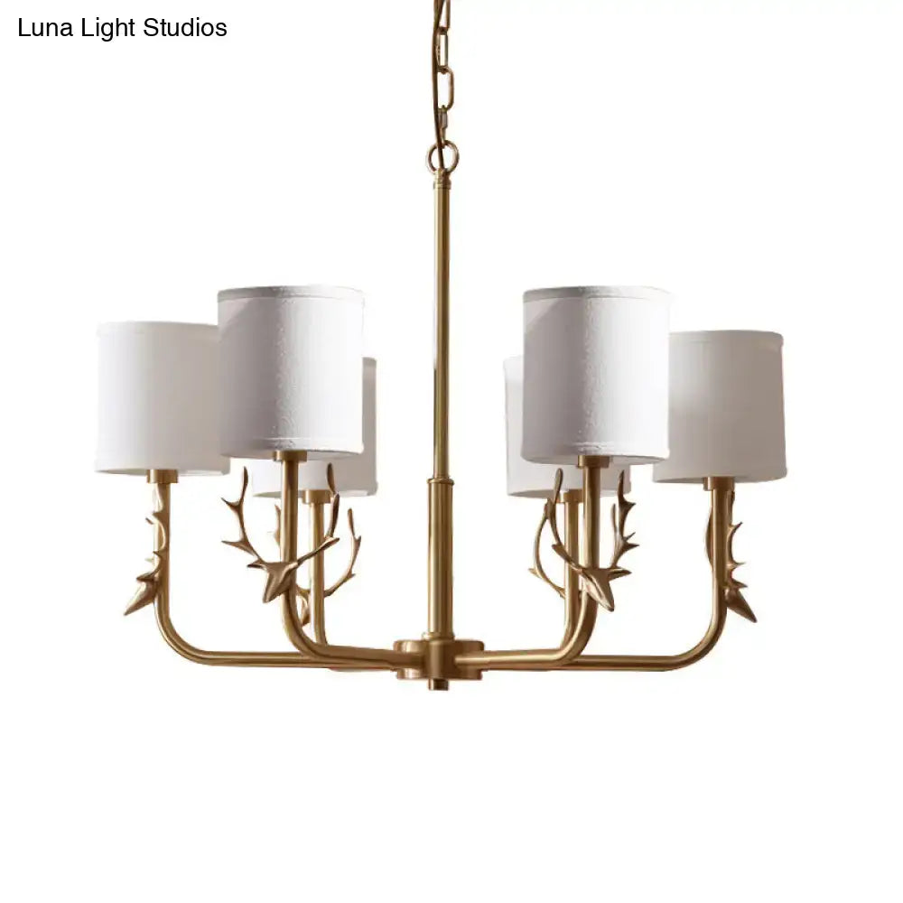 Gold-toned antler deco chandelier with white fabric shade designed for living room led incandescent fluorescent lighting