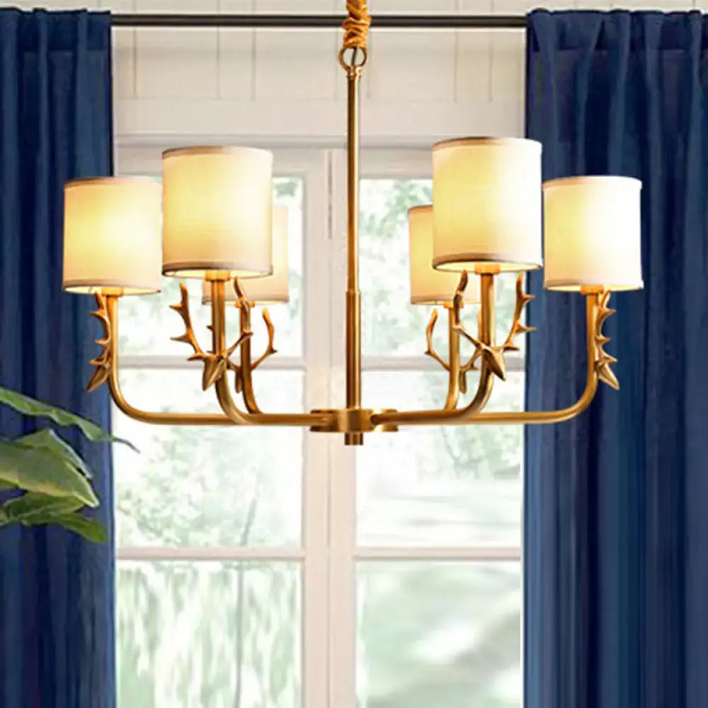 Gold-toned fabric shade cylindrical chandelier with antler deco arms for living room LED incandescent fluorescent lighting