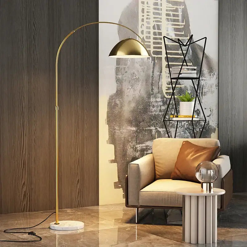 Gold arched designer marble floor lamp with polished brass finish and white marble base for living room lighting decorbites designer marble