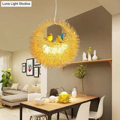 Lámpara de techo Art Déco dorada con forma de nido - Lámpara colgante de techo de 2 luces para comedor