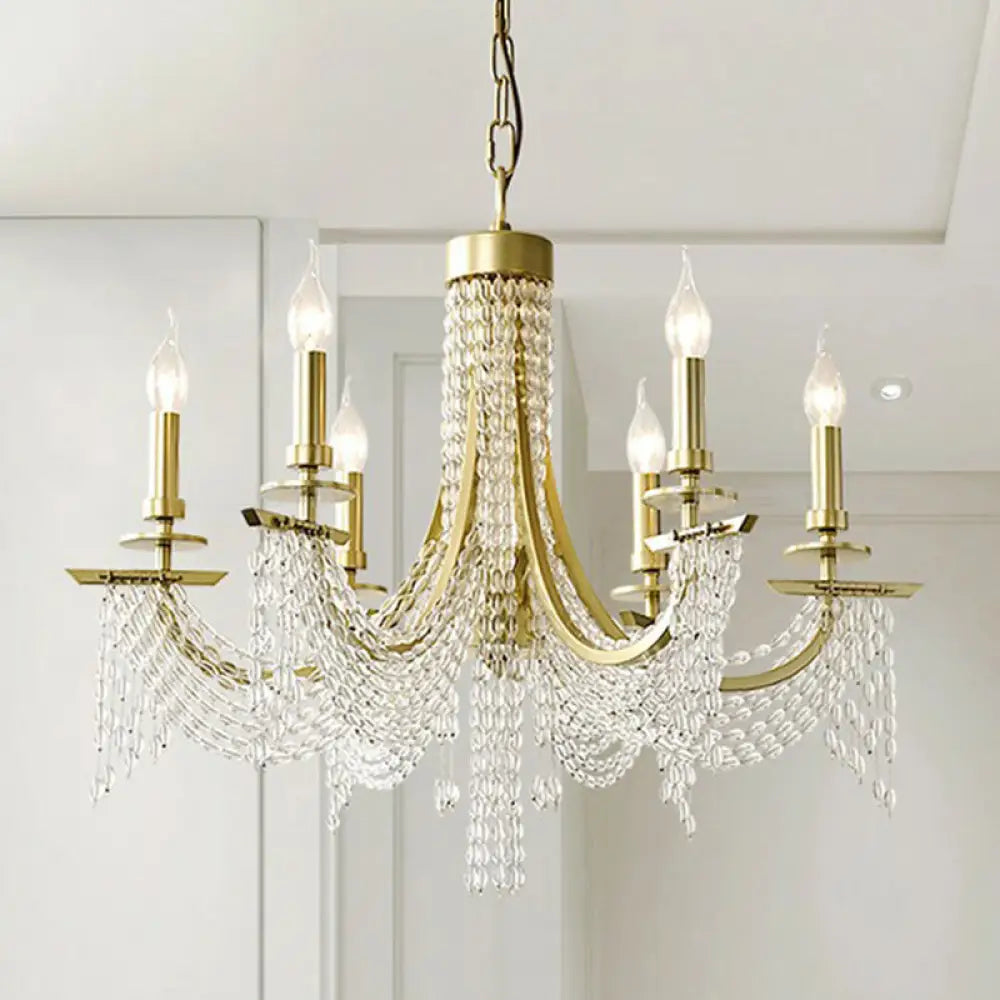 Gold Baroque Candle Chandelier - 6-Bulb Metal Suspension Lighting with Crystal Chain
