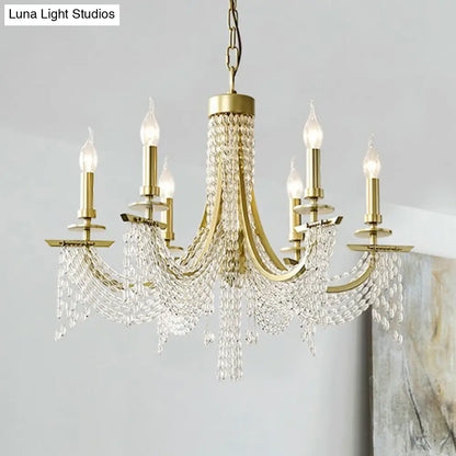 Gold Baroque Candle Chandelier - 6-Bulb Metal Suspension Lighting with Crystal Chain
