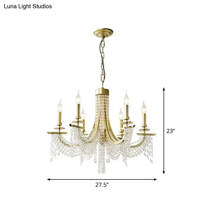Gold Baroque Candle Chandelier - 6-Bulb Metal Suspension Lighting with Crystal Chain