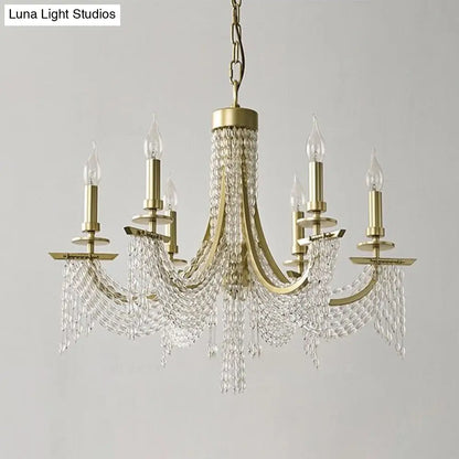 Gold Baroque Candle Chandelier - 6-Bulb Metal Suspension Lighting with Crystal Chain