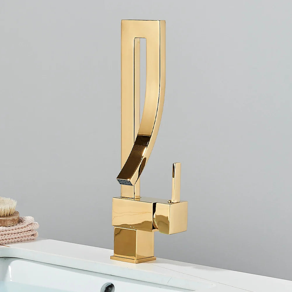 Gold bathroom basin faucet single hole deck mounted with sleek angular design and polished metallic chrome black finish