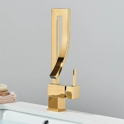 Gold bathroom basin faucet single hole deck mounted with sleek angular design and polished metallic chrome black finish