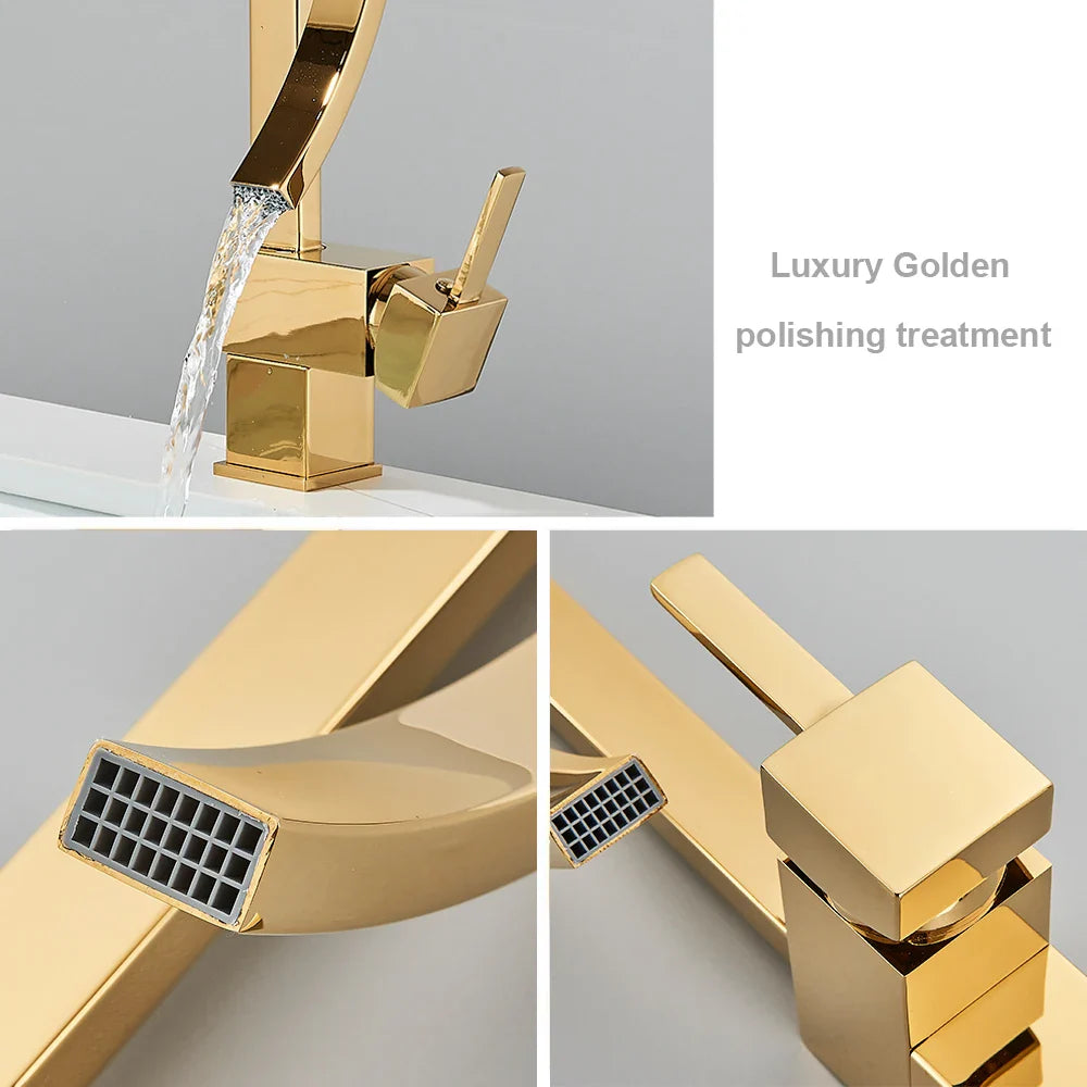 Golden single hole deck mounted bathroom basin faucet with geometrical square spout and polished finish
