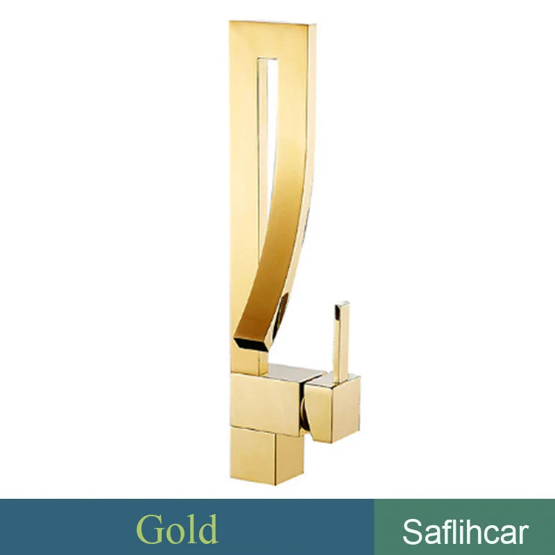Gold finished modern single hole deck mounted bathroom basin faucet with sleek angular design and curved spout chrome black
