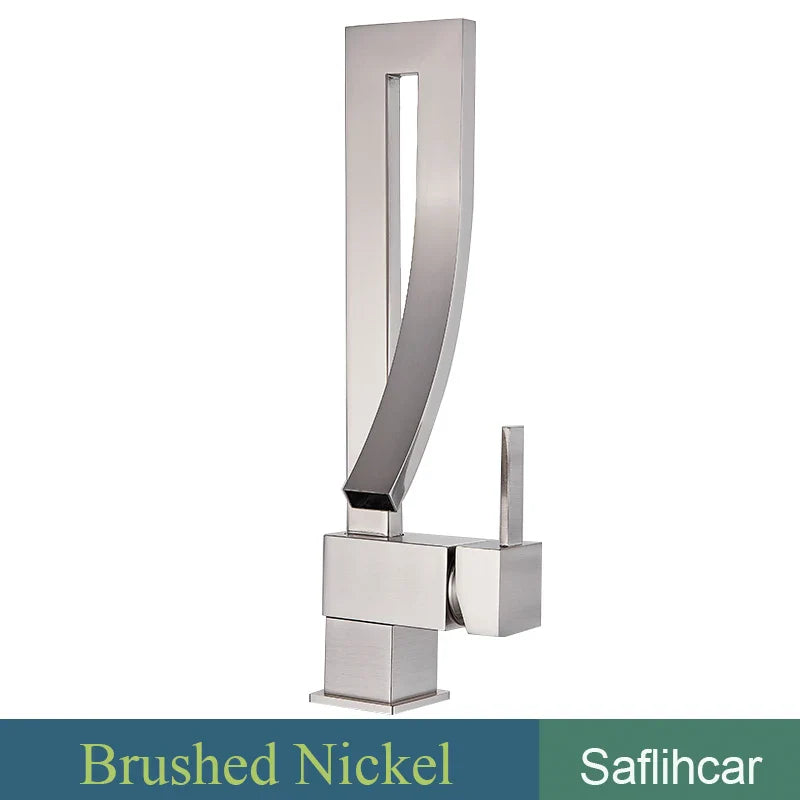 Modern brushed nickel gold bathroom basin faucet with sleek angular design single hole deck mounted mixer taps