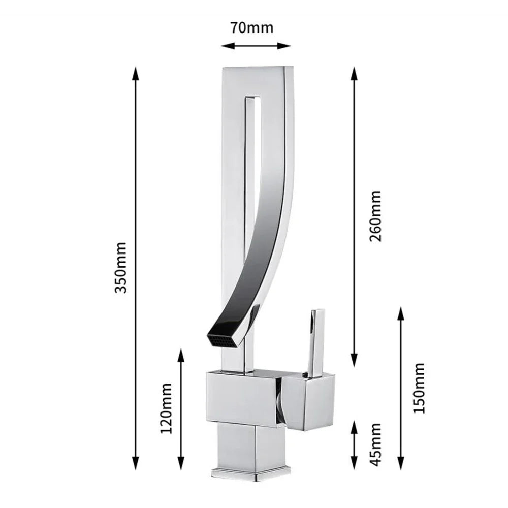 Modern chrome-finished gold bathroom basin faucet with single hole deck mounted waterfall spout and angular base