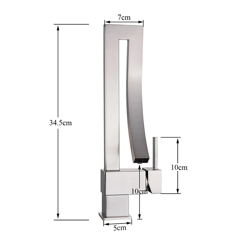 Modern chrome single hole deck mounted bathroom basin faucet with sleek tall spout and rectangular base design