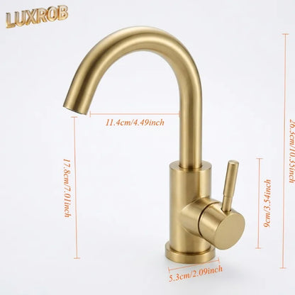 Luxrob gold stainless steel kitchen faucet with brass finish single handle curved spout and cylindrical base
