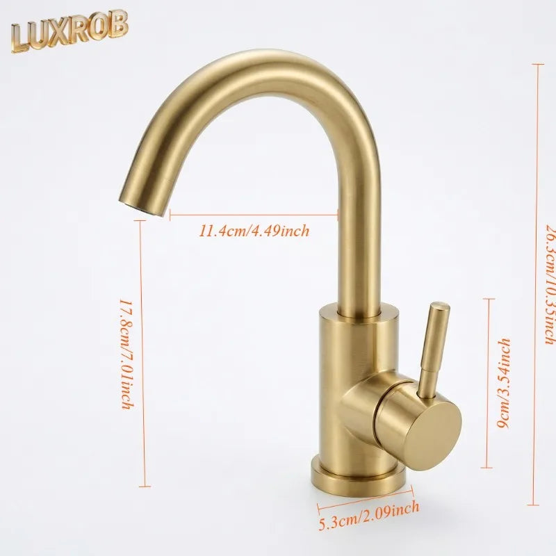 Luxrob gold stainless steel kitchen faucet with brass finish single handle curved spout and cylindrical base